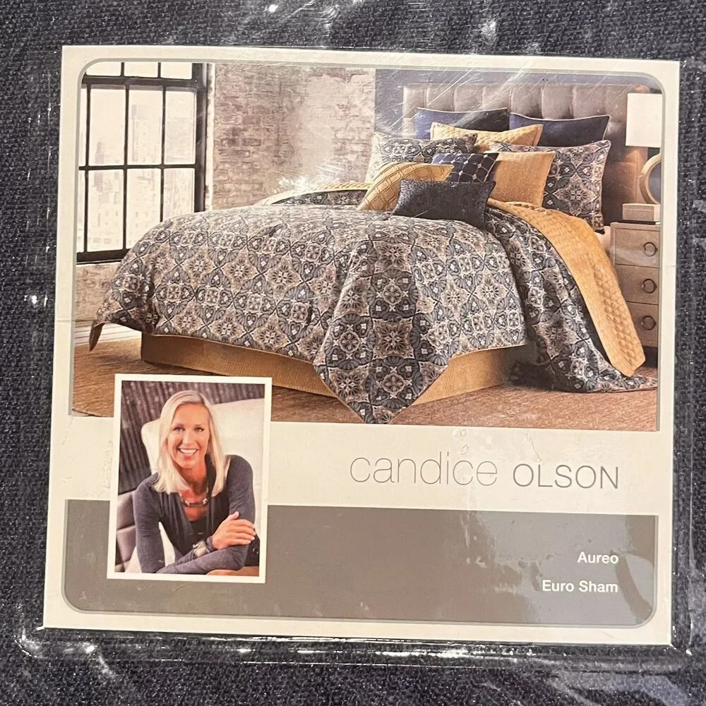 Candice Olson AUREO Euro Sham 26” x 26” Navy Blue Tan Cording Hidden Zipper